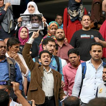 Journalists and activists protest against the restriction of press freedom and to demand the release of detained journalists, in front of the Press Syndicate in Cairo, Egypt on April 26, 2016.