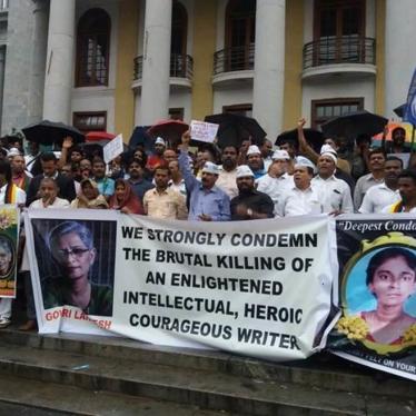Demonstrators gather to protest the killing of journalist Gauri Lankesh, on September 6, 2017, in Bengaluru, India.