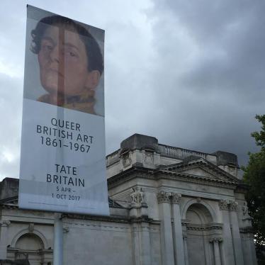 A poster advertising the exhibition, "Queer British Art: 1861-1967" at the Tate Britain museum in London, United Kingdom, 2017.