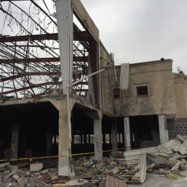 The remains of a community hall in Sanaa, the capital of Yemen, after Saudi-led coalition warplanes attacked a funeral ceremony there on October 8, 2016. 