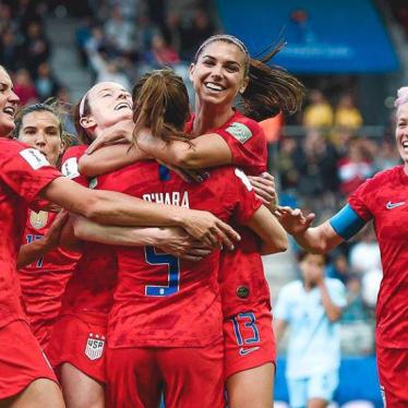 Members of the US women's soccer team celebrating a goal at the FIFA Women's World Cup in France, on June 11, 2019.