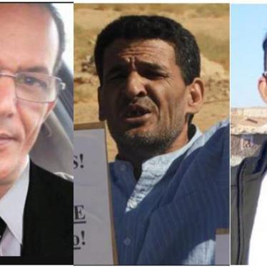 (De gauche à droite) Fadel Mohamed Breica, Moulay Abba Bouzid, et Mahmoud Zeidan, arrêtés entre le 17 et le 19 juin 2019 dans les camps de réfugiés sahraouis près de Tindouf, en Algérie.