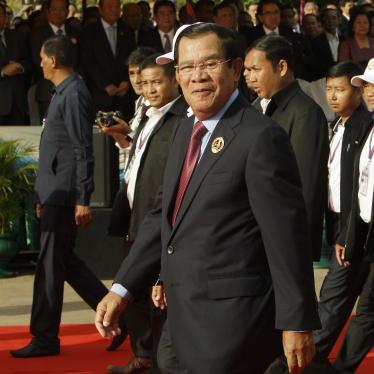 Cambodian Prime Minister Hun Sen, center, arrives for a ceremony of the 68th anniversary of the founding of his Cambodian People's Party in Phnom Penh, Cambodia, Friday, June 28, 2019.